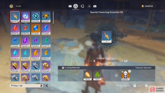 You can find the Special Unmoving Essential Oil in the top left corner after using the alchemy bench. You&rsquo;ll need 2 Cor Lapis and 2 frogs per oil.