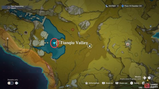 The Tianqiu Valley Fishing Point is at the end of the broken bridge, west of the Tianqiu Valley waypoint.
