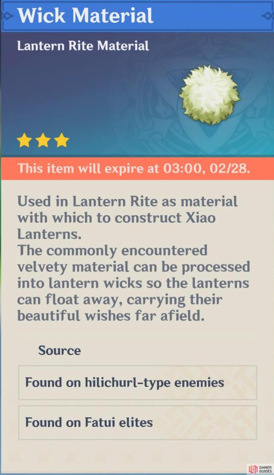 Wick Material are best obtained by farming Hilichurls