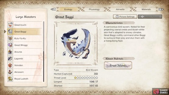 Great Baggi’s profile from the in-game Hunter’s Notes.