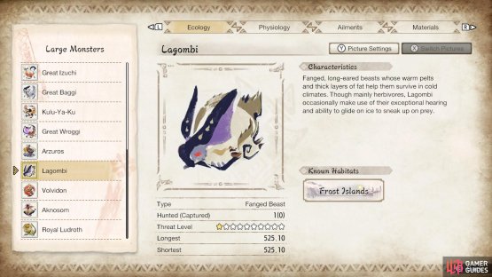 Lagombi&rsquo;s profile from the in-game Hunter&rsquo;s Notes.