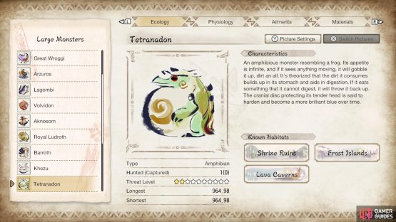 Tetranadon&rsquo;s profile from the in-game Hunter&rsquo;s Notes.