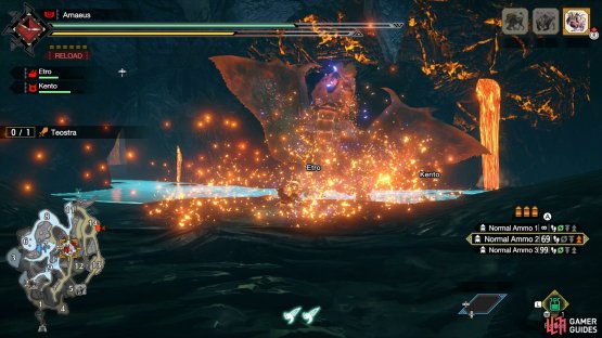 Teostra will lean back, placing several fire orbs around him