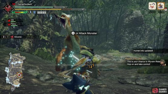 Here, a Great Izuchi knocked down an Arzuros for us to mount.