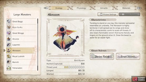 Aknosom&rsquo;s profile from the in-game Hunter&rsquo;s Notes.