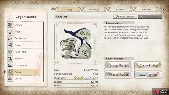 Rathian&rsquo;s page in the Hunter&rsquo;s Notes.