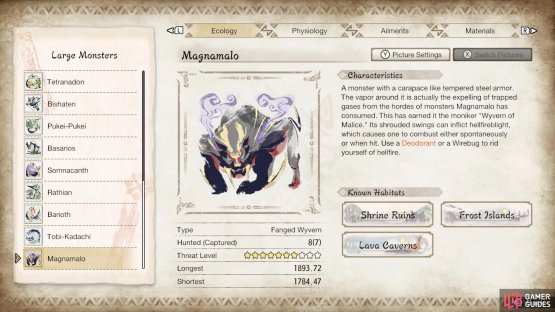Magnamalo&rsquo;s profile in the Hunter&rsquo;s Notes.