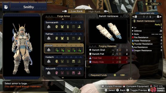 Barioth Vambraces require 2 Meaty Hide.
