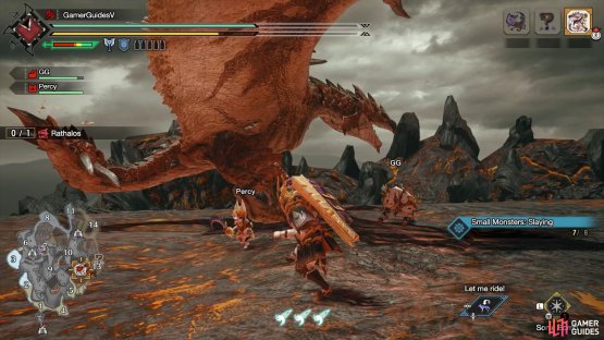 Fighting Rathalos at the Lava Caverns.