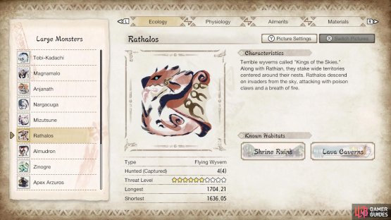Rathalos’s profile in the Hunter’s Notes.