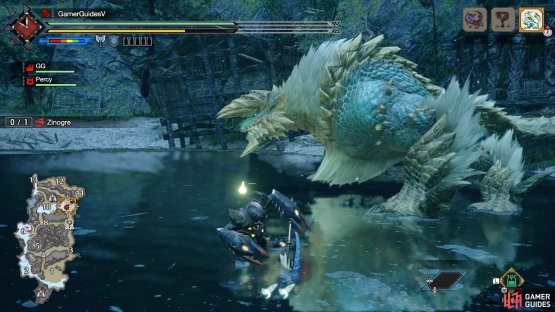 Fighting Zinogre at the Shrine Ruins.