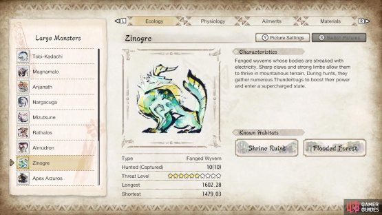 Zinogre&rsquo;s profile in the Hunter&rsquo;s Notes.