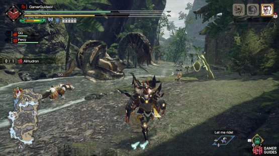 Almudron crouches, while lowering its head to the ground.