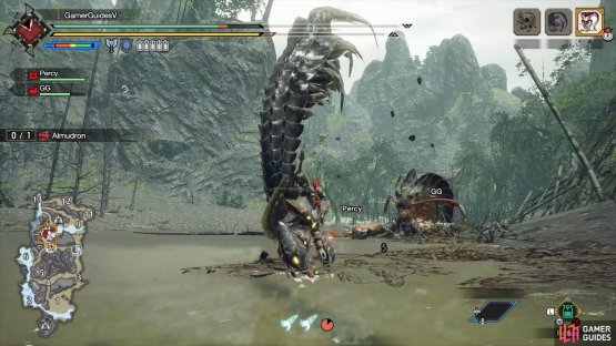 When Almudron’s tail is pointed upwards, move to the sides.