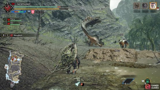 Almudron raises its tail and one of its hindlegs, while facing backwards.