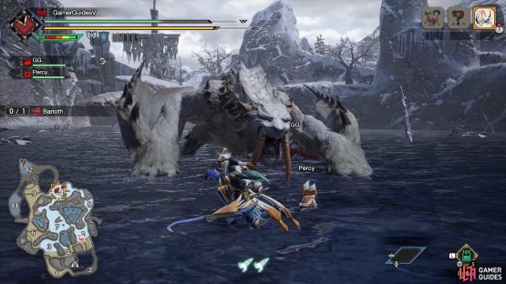 Fighting Barioth at the Frost Islands.