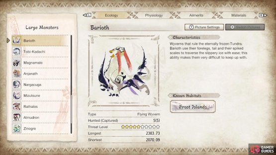 Barioth&rsquo;s profile in the Hunter&rsquo;s Notes.