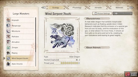 Wind Serpent Ibushi&rsquo;s profile in the Hunter&rsquo;s Notes.