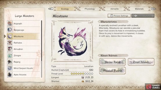 Mizutsune&rsquo;s profile in the Hunter&rsquo;s Notes.