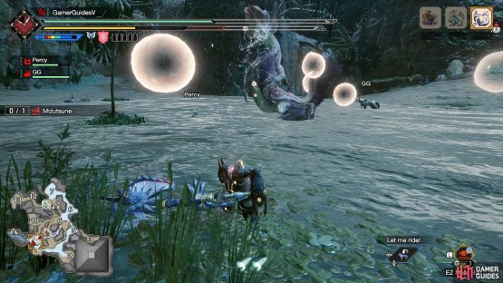 Mizutsune stands up and shoots a water laser straight down.