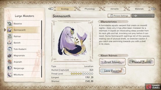 Somnacanth&rsquo;s profile in the Hunter&rsquo;s Notes.