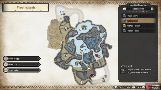 Selecting the Oyster Bed will show only that specific item&rsquo;s spawn point on the map