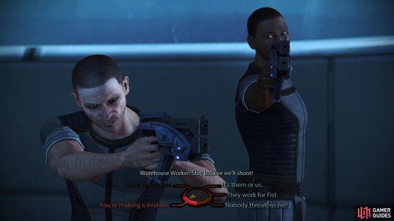 If your Charm/Intimidate scores are high enough, you can attempt to talk some Warehouse Workers out of Shepard-assisted suicide.