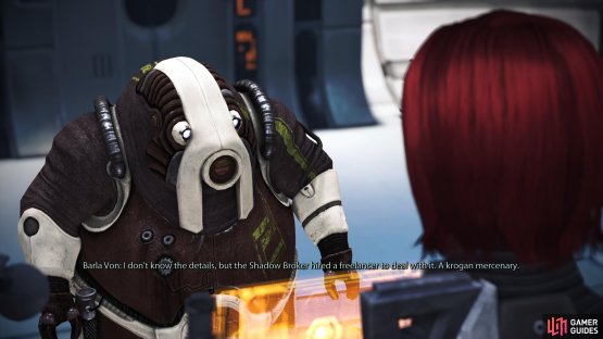 You can learn about Wrex by talking to Barla Von,