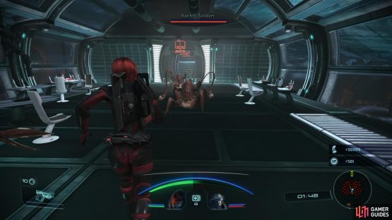 Your best bet is to sprint past the rachni - your odds of reaching the elevator will be greatly improved if you have Immunity.