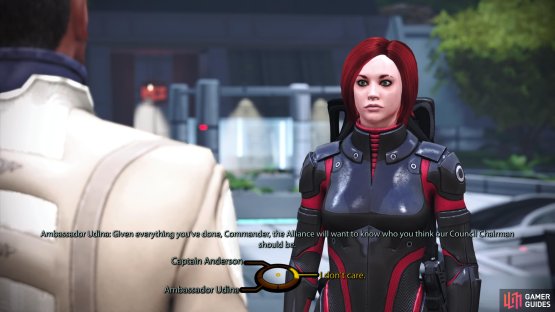 After the fight against Saren you&rsquo;ll be asked for your input on who the first human Councilor should be, either by Udina,