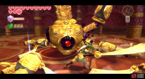After it slows down, lure the arms into slamming forward. Dislocate an arm, then grab a sword and swing it like mad.