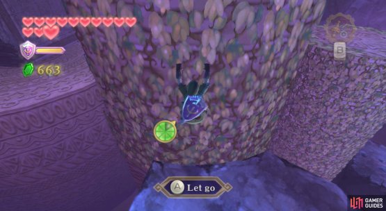 On the second rotating column, drop down to the second (not first) ledge.