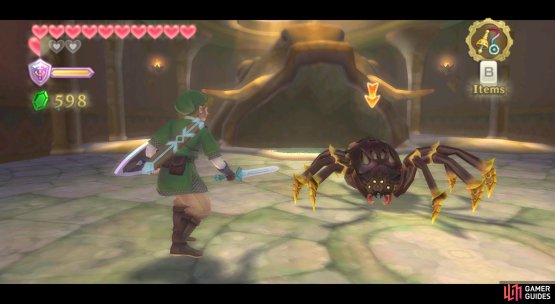 Avoid staying in front of the Skulltula for long, as it can shoot web at you.