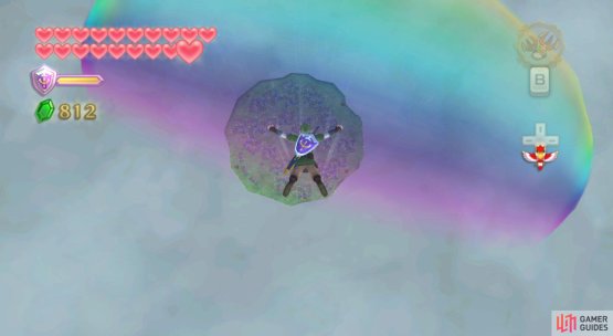 Fly towards the small island with the rainbow above it, then land there.