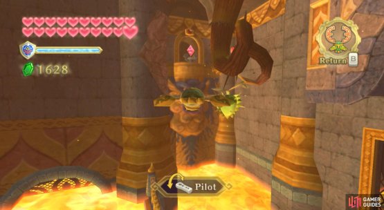 Launch the Hook Beetle along the river of lava and then hit the crystal switch towards the right.