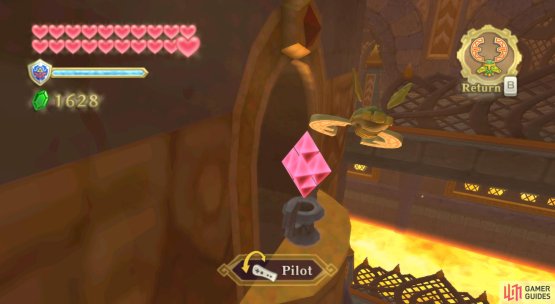 When you reach the rising platform, turn backwards and hit the previous crystal switch to toggle the lava flow.