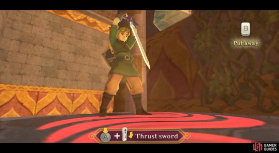 Thrust your sword into the Din symbol, not your toe. Because that would really, really hurt.