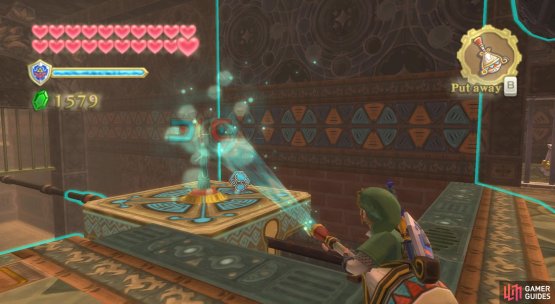 Plop the Timeshift Orb onto the platform with a wind vane, then blow the wind vane to move the platform along.