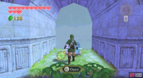 To avoid the Walltulas, sky-dive to the canopy above the treasure chest, then drop down to the top of the vines.