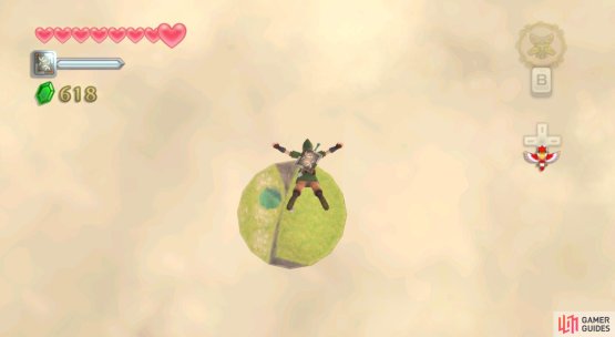 Fly to the small island with a deep pond and a plateau.