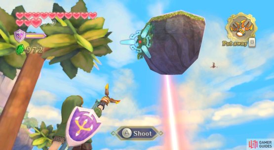 Return to the entrance to the Waterfall cave. Look up and use your Clawshots to climb the floating platforms.