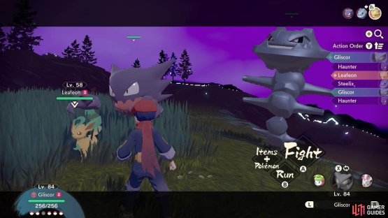 A three-way battle with Leafeon, Haunter and Steelix.