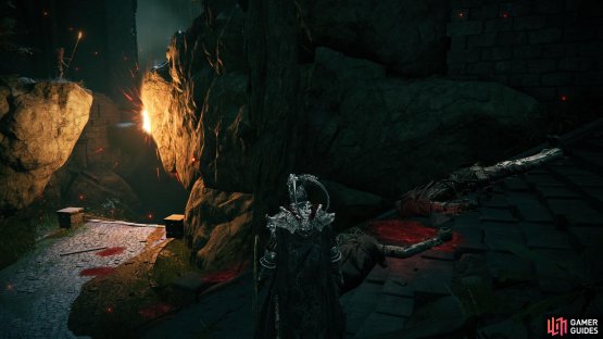 Just past the gate, you&rsquo;ll see enemies on the plateau to your left who&rsquo;ll bombard you with projectiles and explosive bolts.