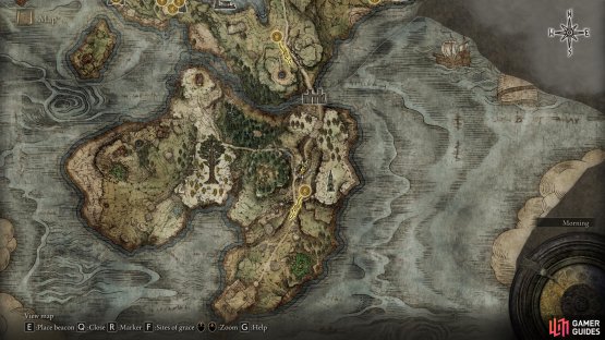 The location of the Mighty Shot Ash of War, just north of the Castle Morne Rampart Site of Grace.