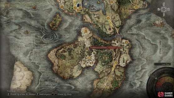 The location of Tombsward Catacombs, in the western part of the Weeping Peninsula.