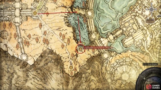 Head east from the Outer Wall Phantom Tree site of grace to reach the water, then follow the water south.