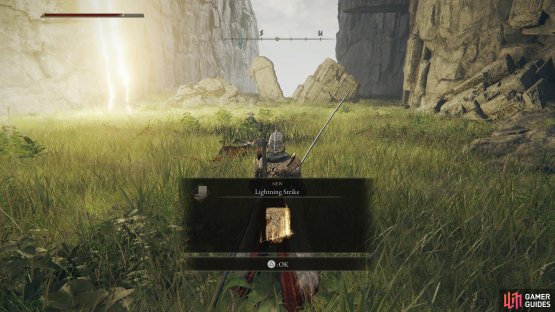 Descend into the ravine and kill a scarab to obtain the Lightning Strike Incantation.