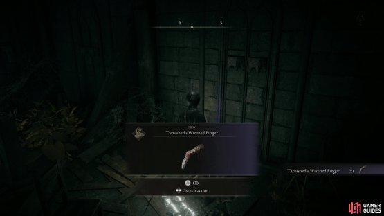 Pick up the Tarnished&rsquo;s Wizened Finger to escape the first room.