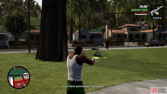 Search the gang area until you find some gang members, then kill them to start a war