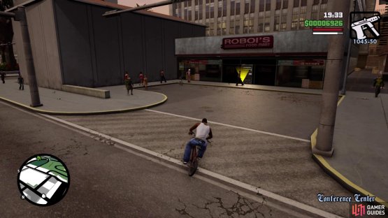 Get on the bike in front of the shop to start the mission
